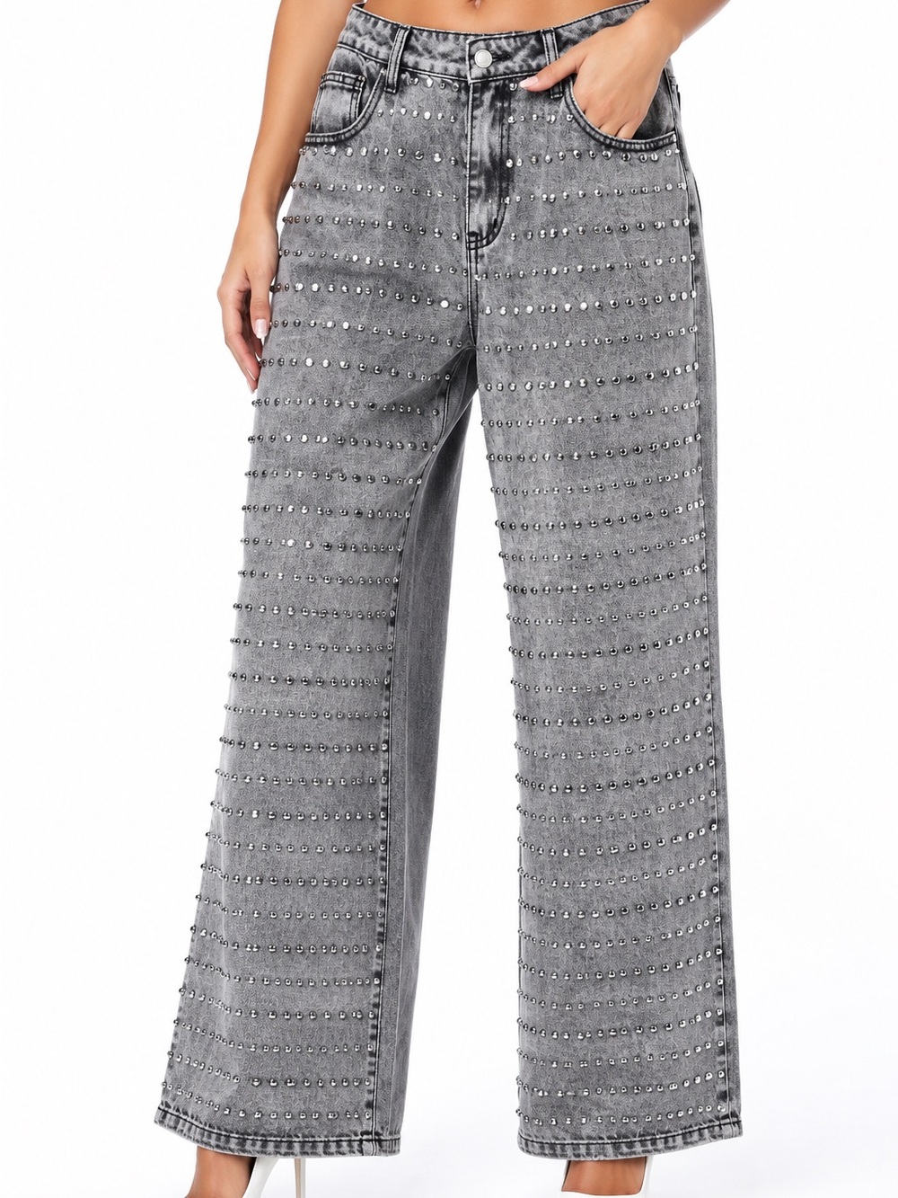 AKIRA Grey Studded Rhinestone Wide Leg Jeans NWT Size Small